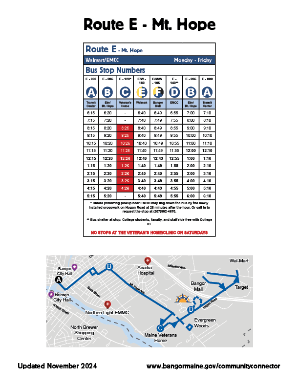 Route E - Mt. Hope Map and Schedule