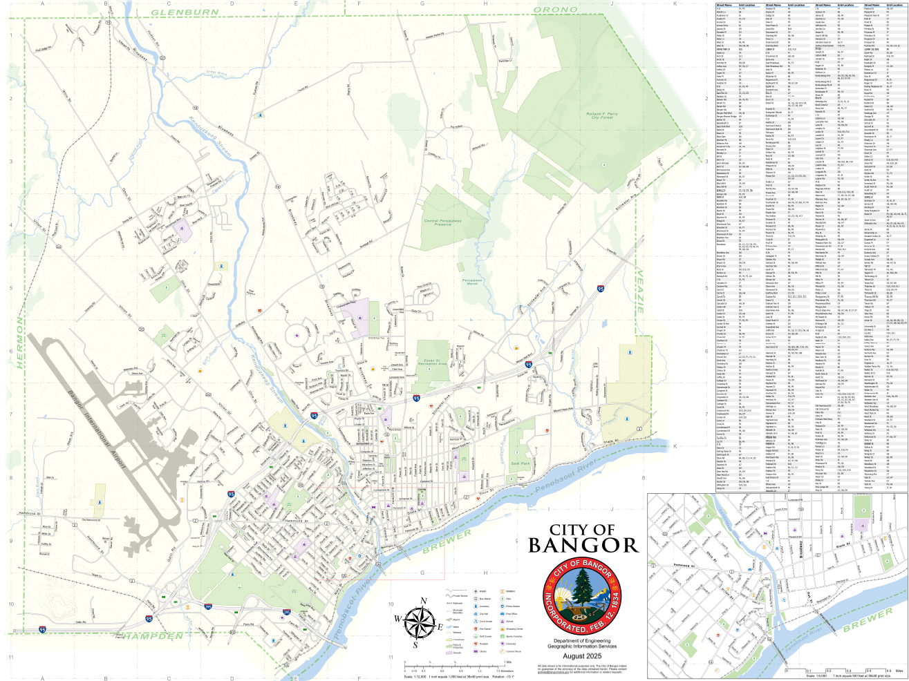 Thumbnail show the City of Bangor Streets, updated August 2025